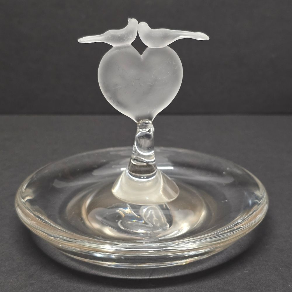 Vintage Crystal Jewelry Trinket Dish Frosted Heart and Doves Romantic Love